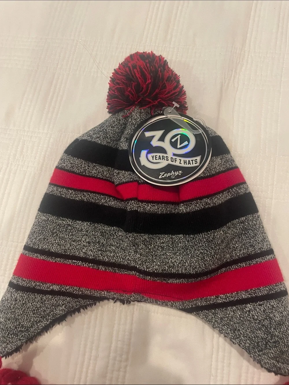 Nebraska Red, Black & Gray small adults Pom-Pom Earflap Hat (OL2)